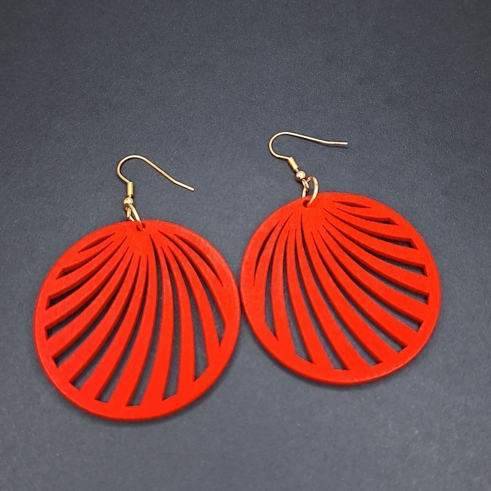 Red wood round earrings